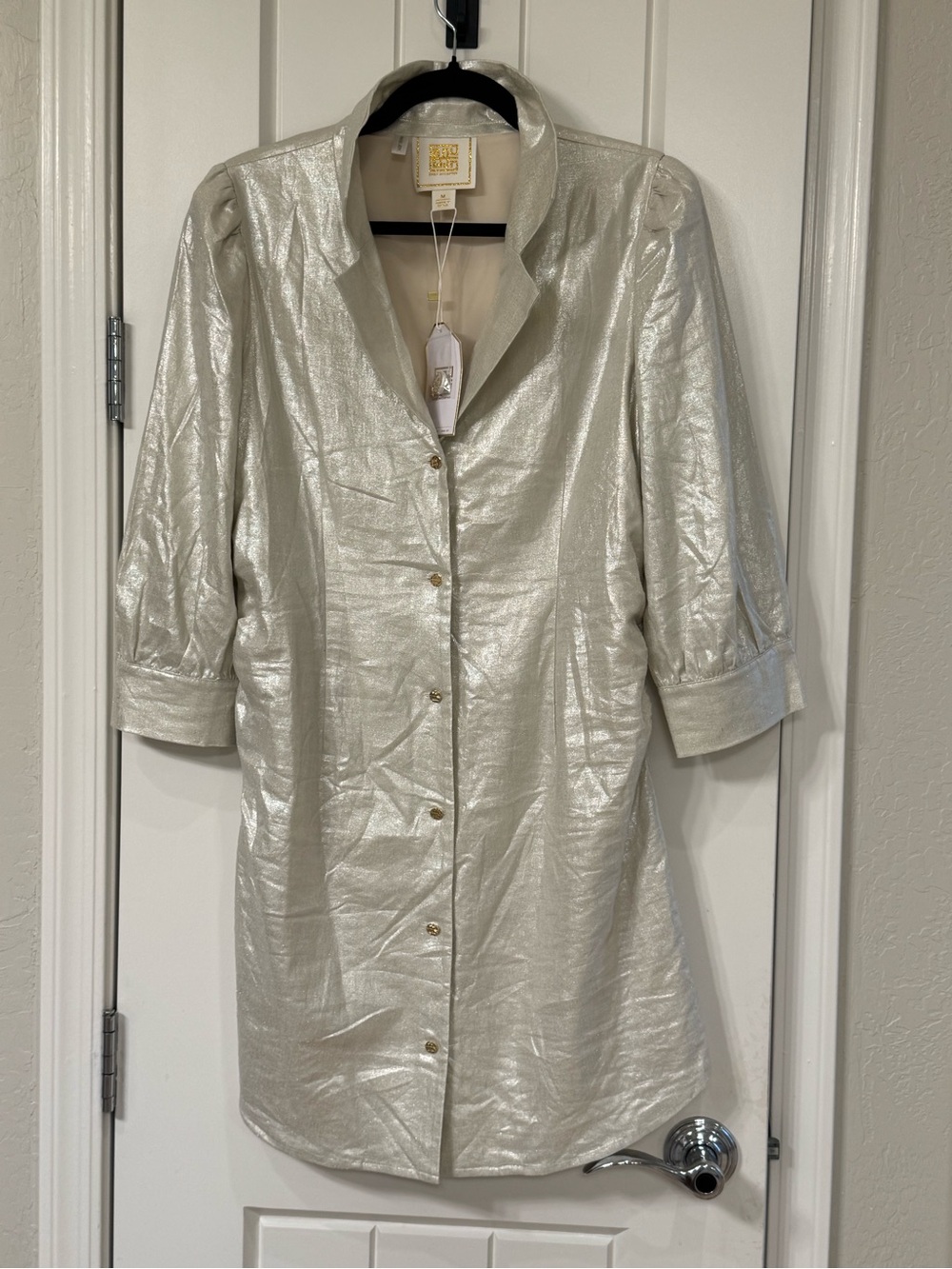 Emily McCarthy Metallic Cream Button-Front Women's Blouse Dress